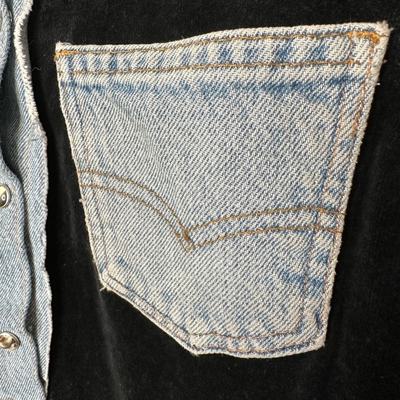 Vintage Black Velour Denim Top Western Snaps Indie Grunge Reworked Style - Picture 9 of 12